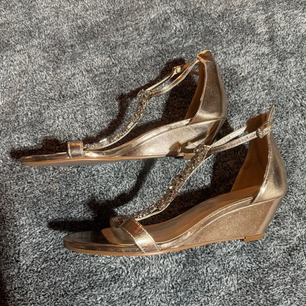 David's Bridal Mina Champagne Rhinestone Wedge Sandals Size 7M